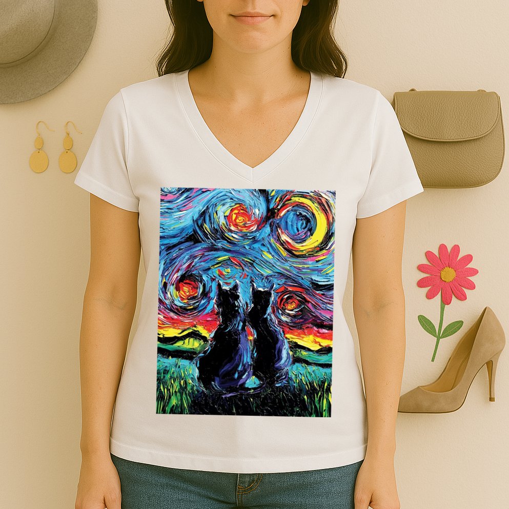 Scary Night Cat Van Gogh Art Women's V-Neck T-Shirt
