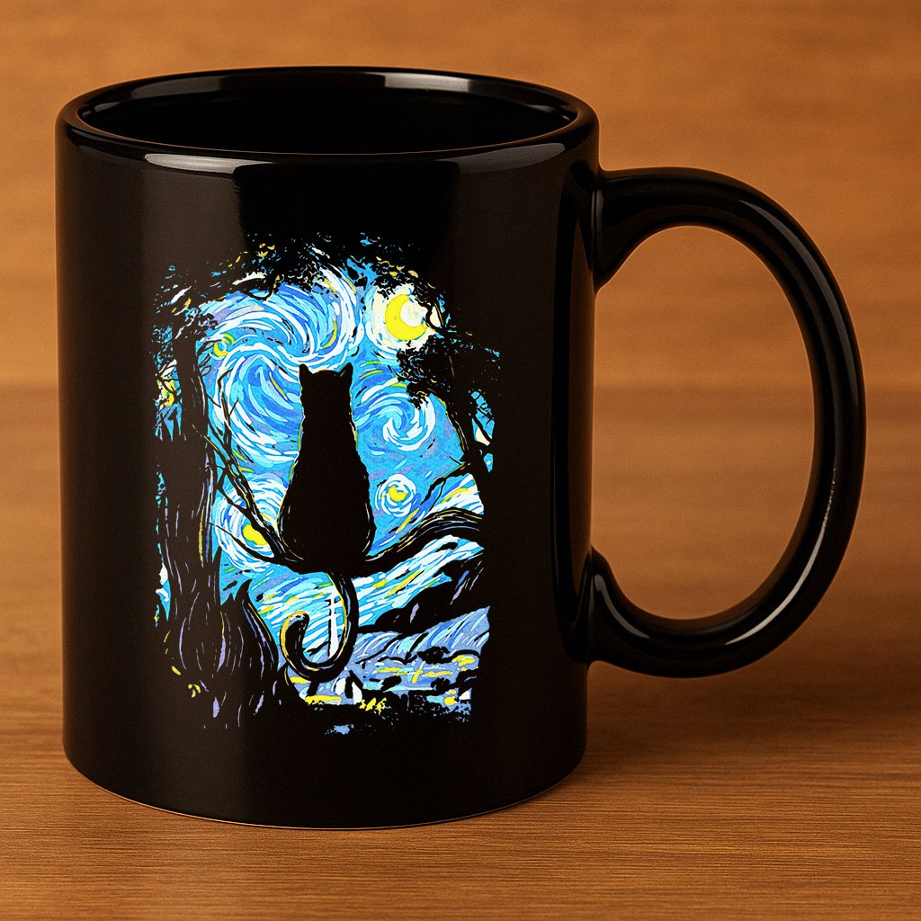 Starry Night Cat Van Gogh Cat 11oz C Handle Ceramic Mug