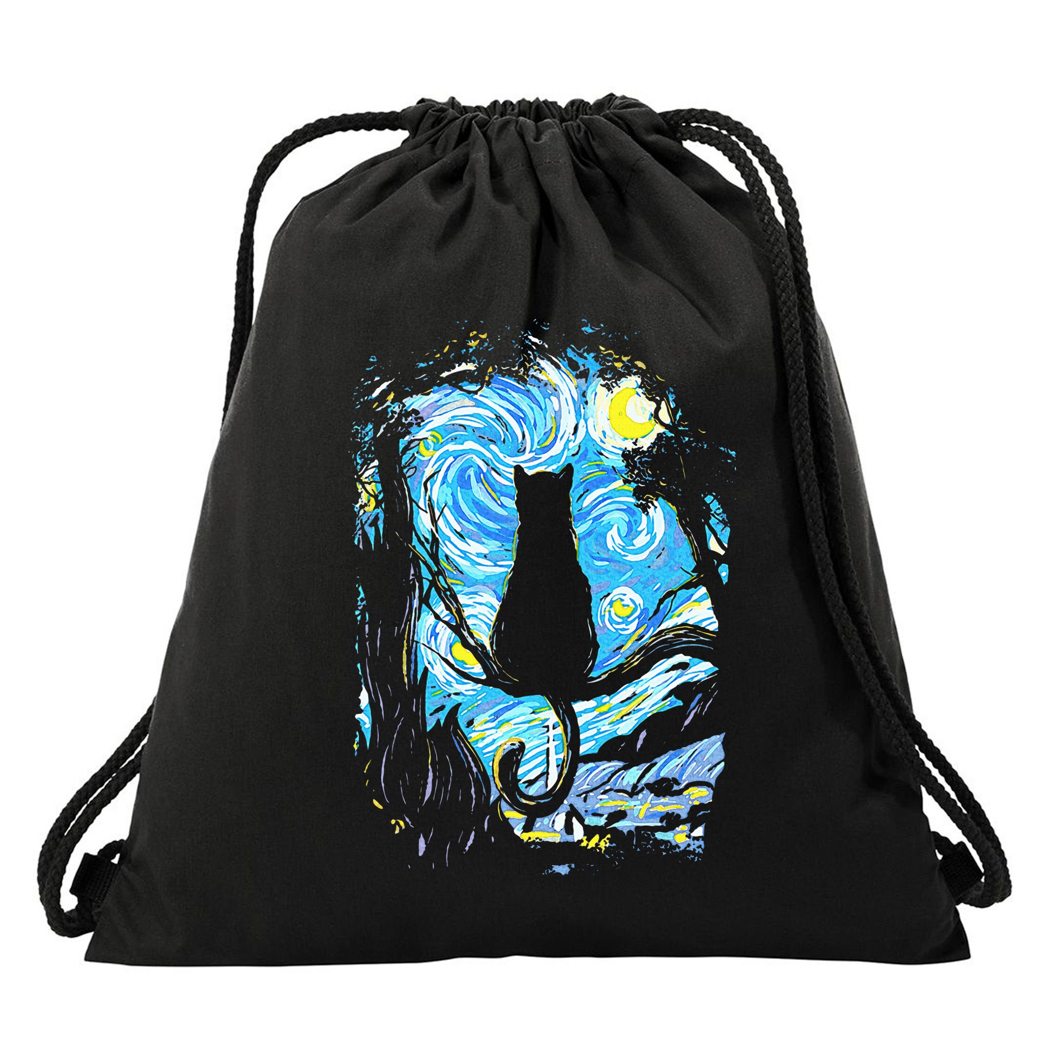 Starry Night Cat Van Gogh Cat Drawstring Bag