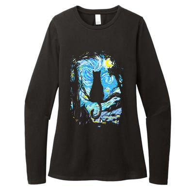 Starry Night Cat Van Gogh Cat Womens CVC Long Sleeve Shirt