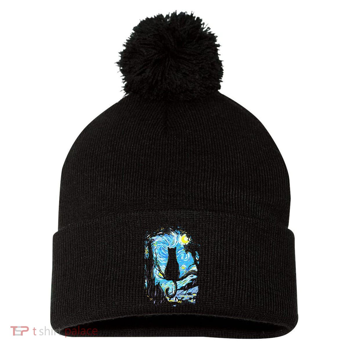 Starry Night Cat Van Gogh Cat Pom Pom 12in Knit Beanie