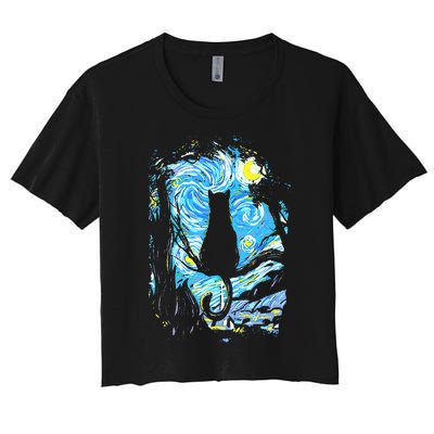 Starry Night Cat Van Gogh Cat Women's Crop Top Tee