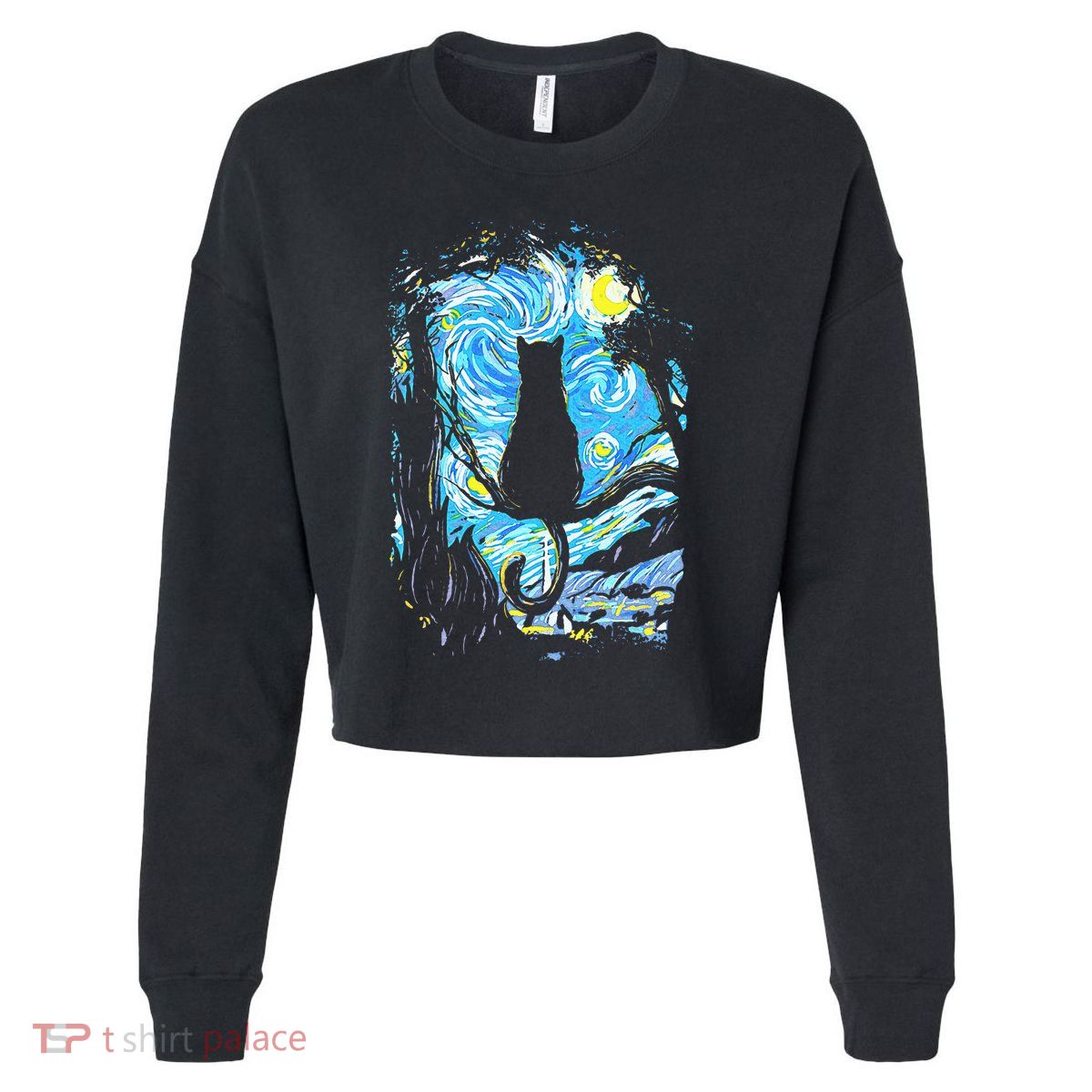 Starry Night Cat Van Gogh Cat Cropped Pullover Crew