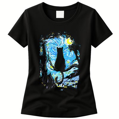 Starry Night Cat Van Gogh Cat Womens T-Shirt