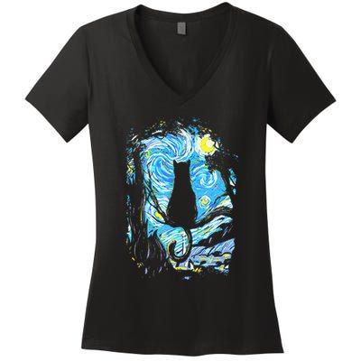 Starry Night Cat Van Gogh Cat Women's V-Neck T-Shirt