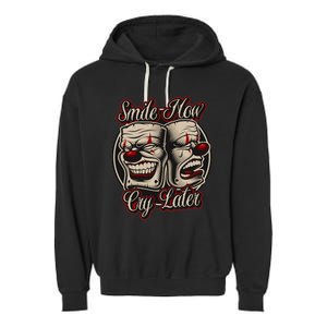 Smile Now Cry Later Drama Masks Garment-Dyed Fleece Hoodie