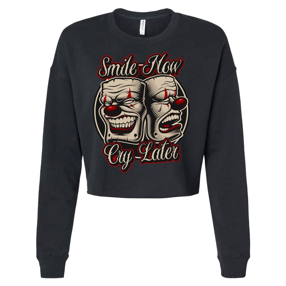 Smile Now Cry Later Drama Masks Cropped Pullover Crew