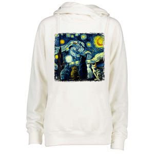 Starry Night Cat Van Gogh Sky Painting Art Funny Cat Lover Womens Funnel Neck Pullover Hood