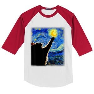 Starry Night Cat, Van Gogh Cat, Cat Lover, Cat Mom, Cat Dad Kids Colorblock Raglan Jersey