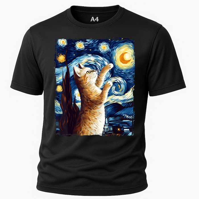 Starry Night Cat, Van Gogh Cat, Cat Lover, Cat Mom, Cat Dad Cooling Performance Crew T-Shirt