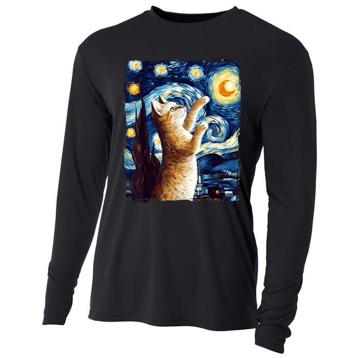 Starry Night Cat, Van Gogh Cat, Cat Lover, Cat Mom, Cat Dad Cooling Performance Long Sleeve Crew