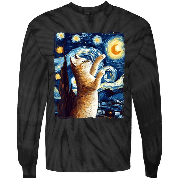 Starry Night Cat, Van Gogh Cat, Cat Lover, Cat Mom, Cat Dad Tie-Dye Long Sleeve Shirt