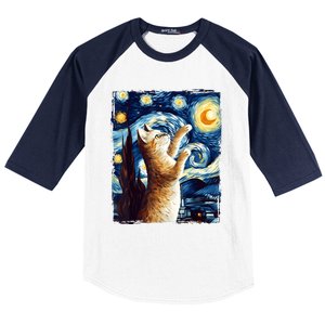 Starry Night Cat, Van Gogh Cat, Cat Lover, Cat Mom, Cat Dad Baseball Sleeve Shirt