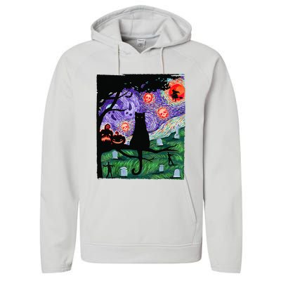 Scary Night Cat Van Gogh Cat Black Halloween Pumpkin Art Performance Fleece Hoodie