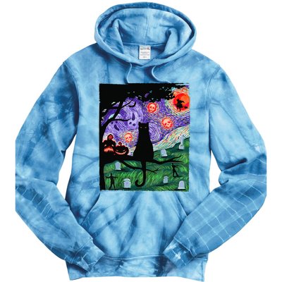 Scary Night Cat Van Gogh Cat Black Halloween Pumpkin Art Tie Dye Hoodie