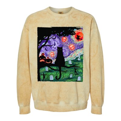 Scary Night Cat Van Gogh Cat Black Halloween Pumpkin Art Colorblast Crewneck Sweatshirt