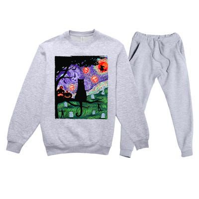 Scary Night Cat Van Gogh Cat Black Halloween Pumpkin Art Premium Crewneck Sweatsuit Set