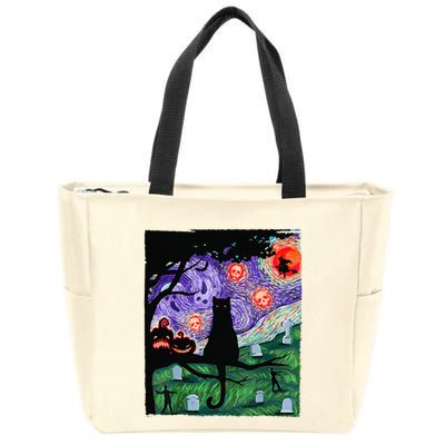 Scary Night Cat Van Gogh Cat Black Halloween Pumpkin Art Zip Tote Bag