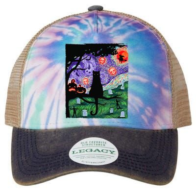 Scary Night Cat Van Gogh Cat Black Halloween Pumpkin Art Legacy Tie Dye Trucker Hat