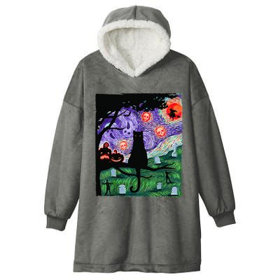 Scary Night Cat Van Gogh Cat Black Halloween Pumpkin Art Hooded Wearable Blanket