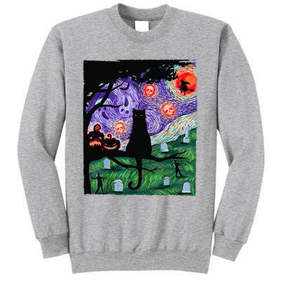 Scary Night Cat Van Gogh Cat Black Halloween Pumpkin Art Tall Sweatshirt