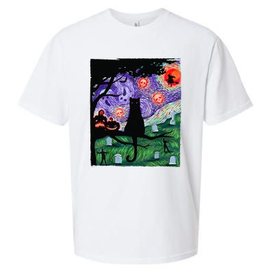 Scary Night Cat Van Gogh Cat Black Halloween Pumpkin Art Sueded Cloud Jersey T-Shirt