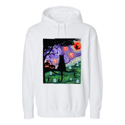 Scary Night Cat Van Gogh Cat Black Halloween Pumpkin Art Garment-Dyed Fleece Hoodie