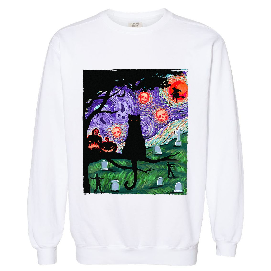 Scary Night Cat Van Gogh Cat Black Halloween Pumpkin Art Garment-Dyed Sweatshirt