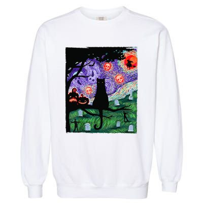 Scary Night Cat Van Gogh Cat Black Halloween Pumpkin Art Garment-Dyed Sweatshirt