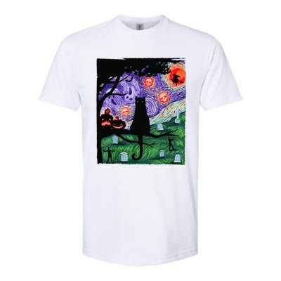 Scary Night Cat Van Gogh Cat Black Halloween Pumpkin Art Softstyle CVC T-Shirt