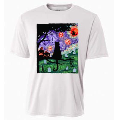 Scary Night Cat Van Gogh Cat Black Halloween Pumpkin Art Cooling Performance Crew T-Shirt