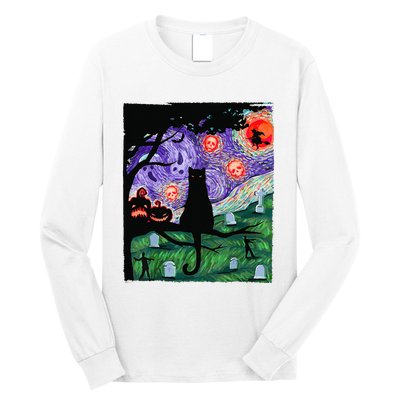 Scary Night Cat Van Gogh Cat Black Halloween Pumpkin Art Long Sleeve Shirt