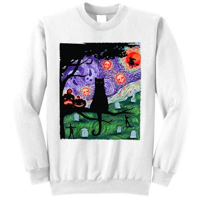 Scary Night Cat Van Gogh Cat Black Halloween Pumpkin Art Sweatshirt