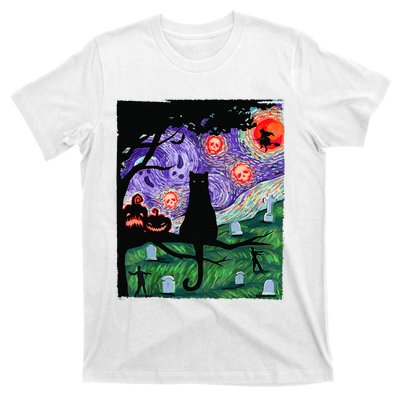 Scary Night Cat Van Gogh Cat Black Halloween Pumpkin Art T-Shirt