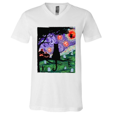 Scary Night Cat Van Gogh Cat Black Halloween Pumpkin Art V-Neck T-Shirt