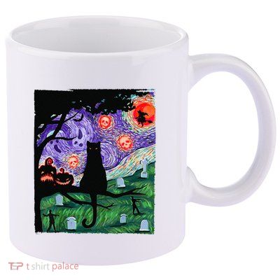 Scary Night Cat Van Gogh Cat Black Halloween Pumpkin Art 11oz C Handle Ceramic Mug