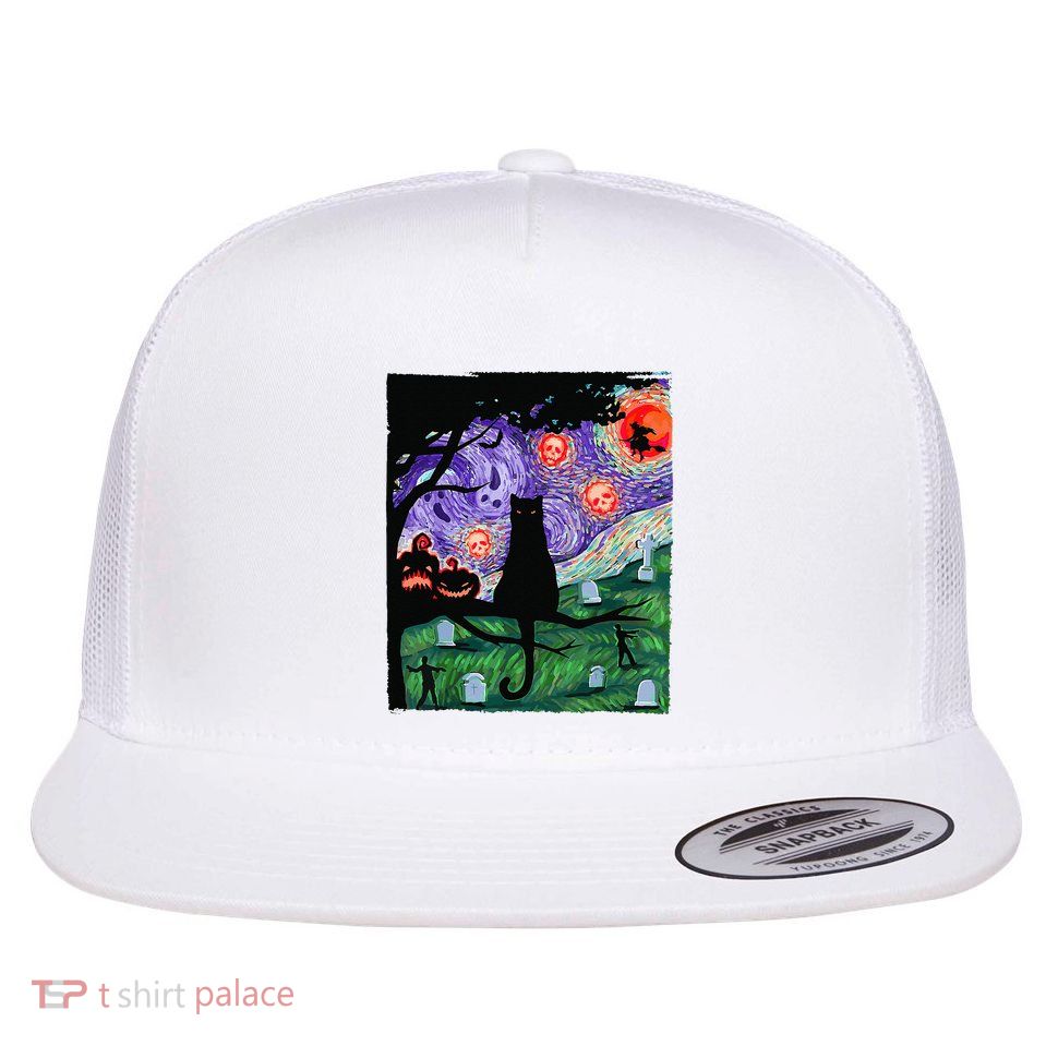 Scary Night Cat Van Gogh Cat Black Halloween Pumpkin Art Flatbill Hat