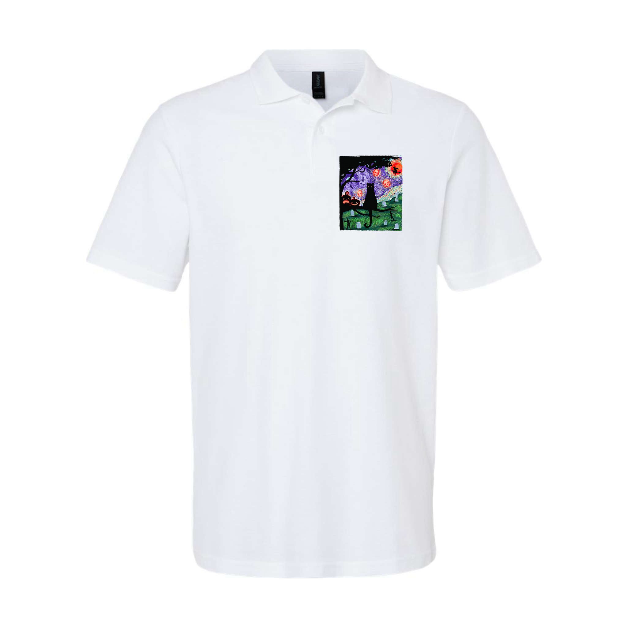 Scary Night Cat Van Gogh Cat Black Halloween Pumpkin Art Polo