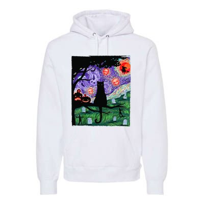 Scary Night Cat Van Gogh Cat Black Halloween Pumpkin Art Premium Hoodie