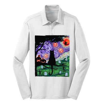 Scary Night Cat Van Gogh Cat Black Halloween Pumpkin Art Silk Touch Performance Long Sleeve Polo