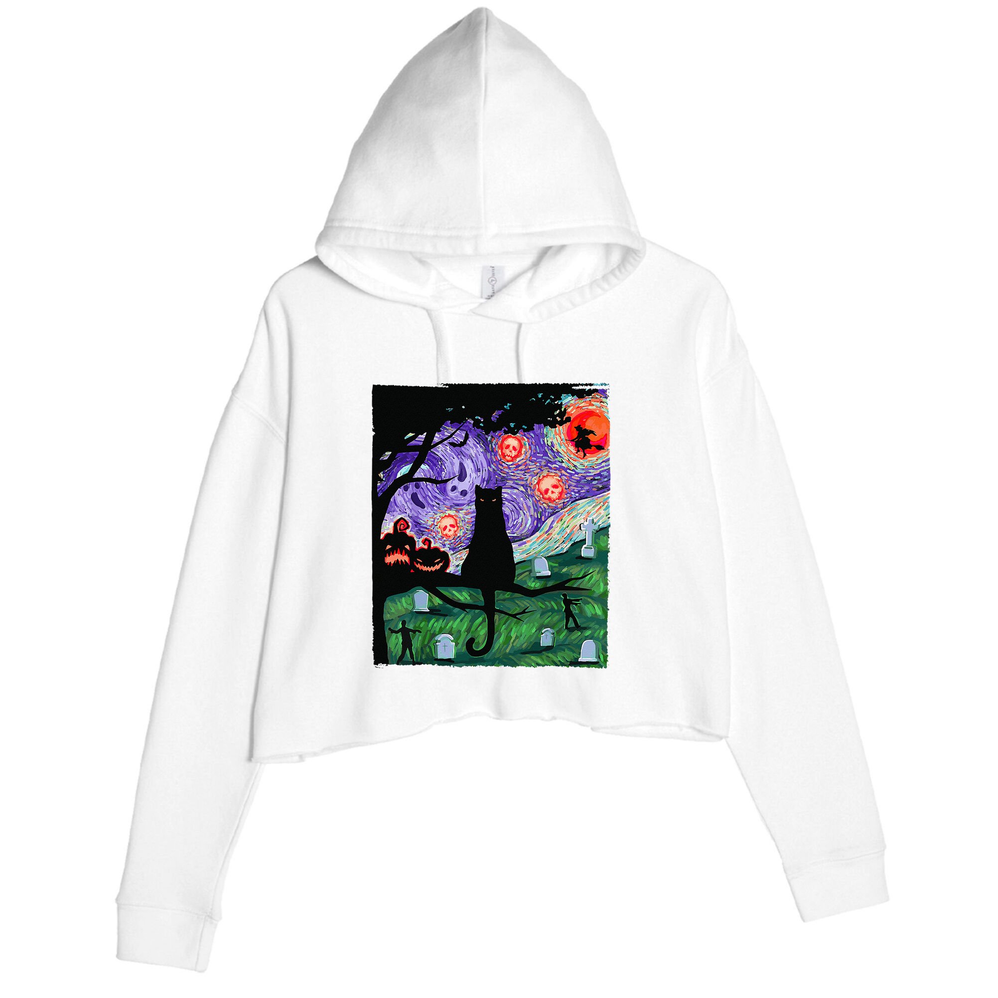 Scary Night Cat Van Gogh Cat Black Halloween Pumpkin Art Crop Fleece Hoodie