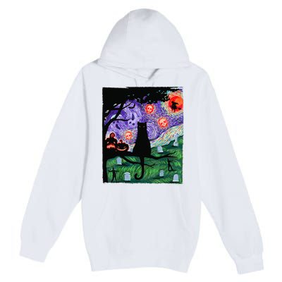 Scary Night Cat Van Gogh Cat Black Halloween Pumpkin Art Premium Pullover Hoodie