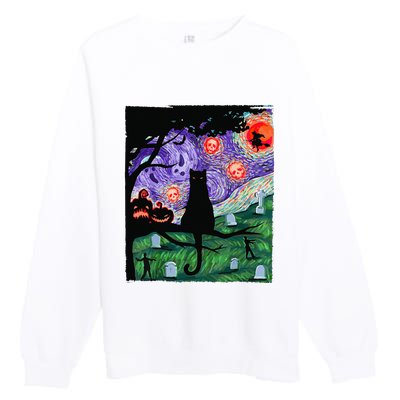 Scary Night Cat Van Gogh Cat Black Halloween Pumpkin Art Premium Crewneck Sweatshirt