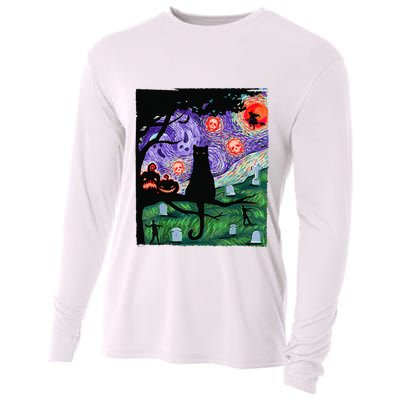 Scary Night Cat Van Gogh Cat Black Halloween Pumpkin Art Cooling Performance Long Sleeve Crew