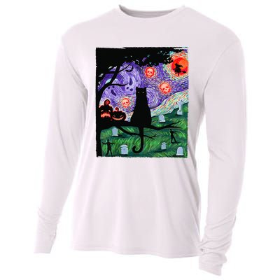 Scary Night Cat Van Gogh Cat Black Halloween Pumpkin Art Cooling Performance Long Sleeve Crew