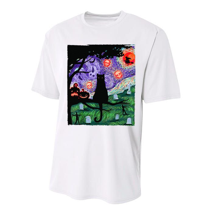 Scary Night Cat Van Gogh Cat Black Halloween Pumpkin Art Performance Sprint T-Shirt