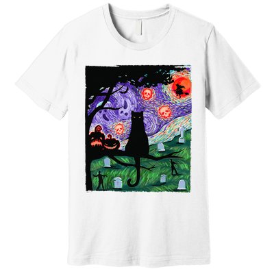 Scary Night Cat Van Gogh Cat Black Halloween Pumpkin Art Premium T-Shirt