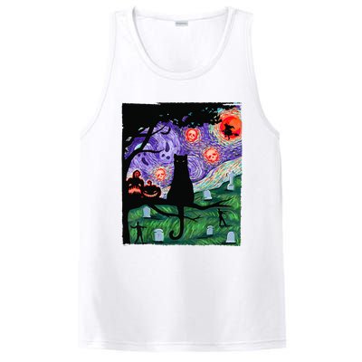 Scary Night Cat Van Gogh Cat Black Halloween Pumpkin Art PosiCharge Competitor Tank