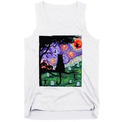 Scary Night Cat Van Gogh Cat Black Halloween Pumpkin Art Tank Top