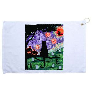 Scary Night Cat Van Gogh Cat Black Halloween Pumpkin Art Grommeted Golf Towel